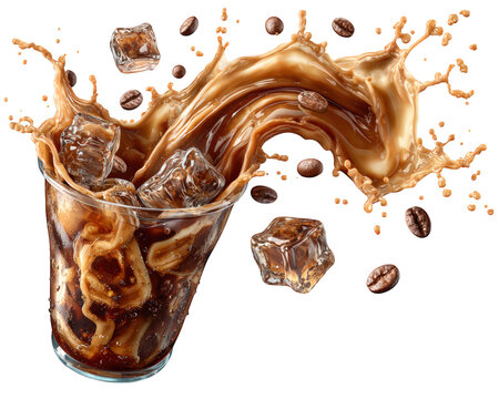 Dynamic and refreshing iced coffee splash with floating ice cube and roasted coffee bean. This isolated caffeinated drink element represents cool beverage concept