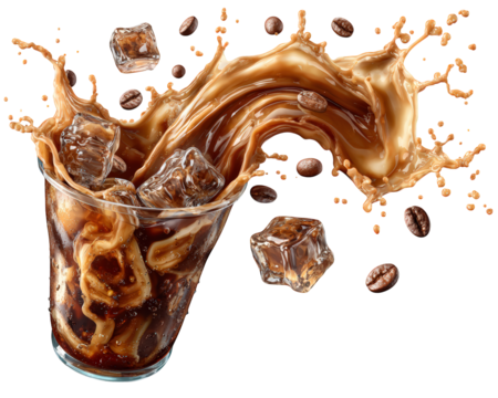 Dynamic and refreshing iced coffee splash with floating ice cube and roasted coffee bean. This isolated caffeinated drink element represents cool beverage concept