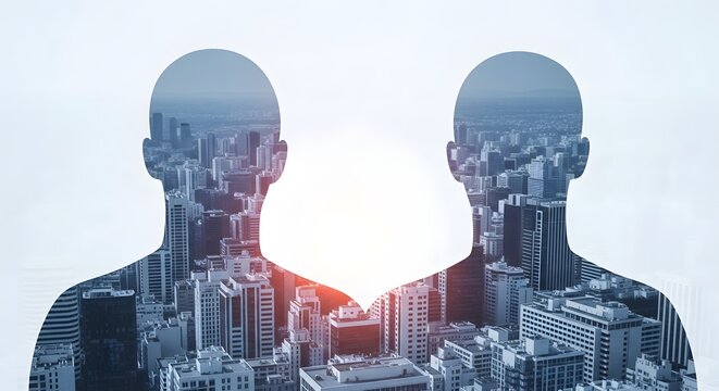 Cityscape Silhouettes in Profile with a Light Connection