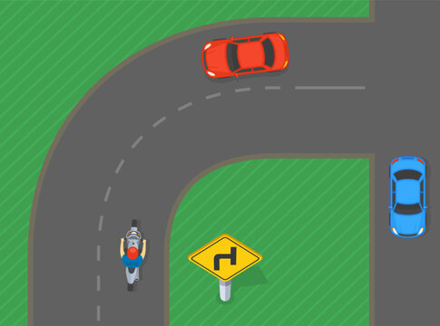 Fototapeta Traffic regulation rules and tips. "T-intersection in curve" road sign area. Moto rider is approaching the intersection. Top view of a traffic flow. Flat vector illustration template.