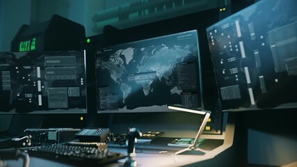 Operating the spy scan search system from the military control room. Spy scanner search for the target position data on the virtual map. Spy scan search technology locating the criminal. - Powered by Adobe