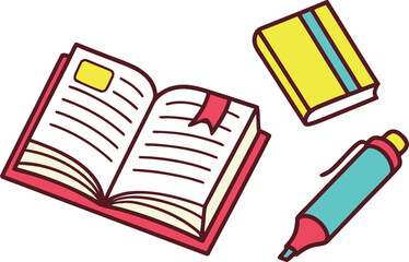 Open Book, Closed Book, and Marker Pen - A Simple Illustration of Study Tools vector Illustration