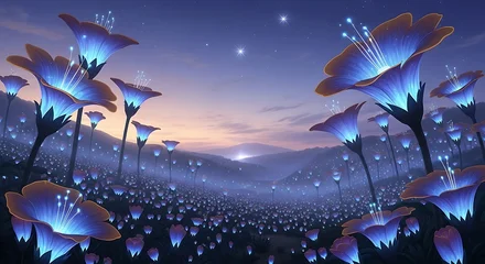 Handdoek met foto Meisjeskamer Enchanting field of luminous blue flowers under a starry sky, inspiring dreams and magic for fantasy artwork and serene nature scenes  © akshanz