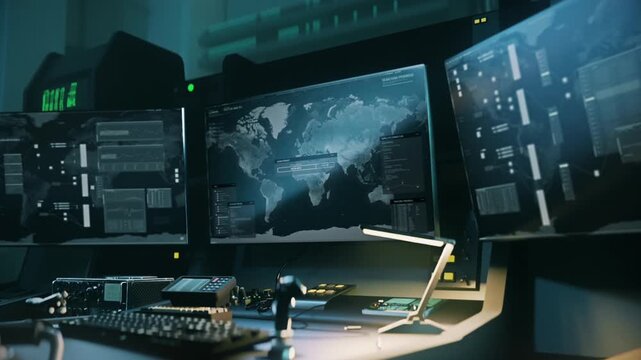 Operating the spy scan search system from the military control room. Spy scanner search for the target position data on the virtual map. Spy scan search technology locating the criminal.