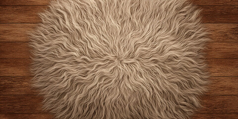 Fototapeta premium Round fluffy wool carpet on wooden floor forming cozy handmade textile background detail closeup - AI generated