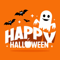 Illustration of happy halloween text with cute ghost and bats on orange background, festive and spooky design for holiday celebration