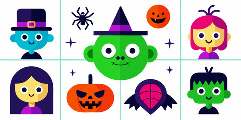 Obraz premium Illustration of a collection of cute cartoon halloween characters including a witch, frankenstein, a spider, and pumpkins, presented in a grid layout with a
