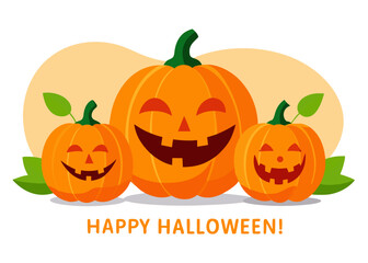 Illustration of three carved pumpkins with smiling faces and green leaves, isolated on a with a soft orange halo, representing halloween and autumn joy