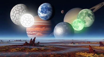 Stunning cosmic landscape with vibrant planets rising over otherworldly terrain, perfect for science fiction book covers or futuristic fantasy designs