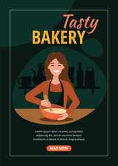A young woman in an apron is mixing baking dough with a spoon. Dark background. Flyer design template
