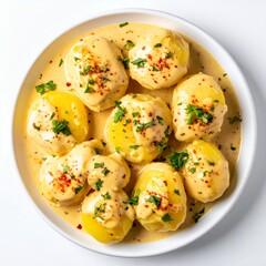 Delicious potatoes smothered in creamy sauce presented on a white background plate