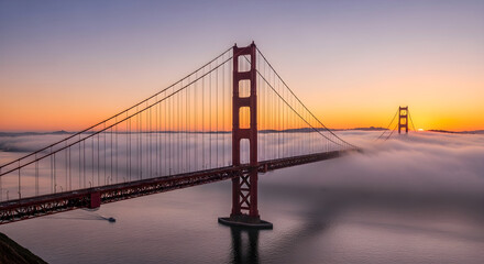 Golden gate bridge emerges from a thick blanket of fog at sunrise, with the iconic orange towers piercing through the clouds over the calm water