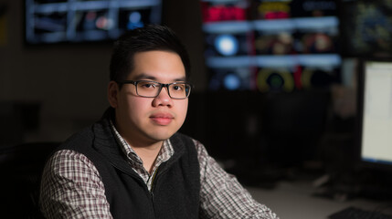 Fototapeta premium expert. Professional IT specialist in formal attire, exuding focus and expertise against a tech-themed backdrop. product launch decks. 