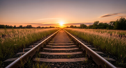 Obraz premium Railroad tracks stretching into the sunset, with golden light illuminating the sky and surrounding fields of grass and wildflowers