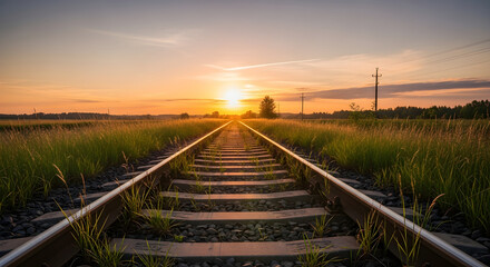 Fototapeta premium Railway tracks stretching towards the horizon at sunset with the sun low in the sky casting a warm golden glow over the surrounding grassy fields
