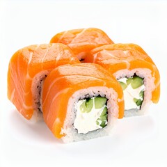 Appetizing salmon rolls in a white background, showcasing culinary delight and presentation