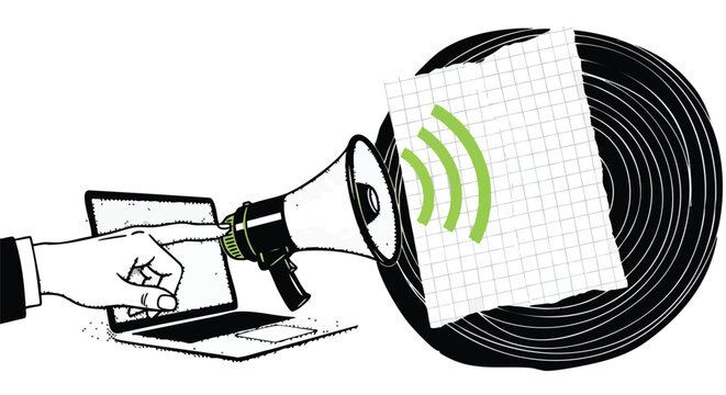 Digital marketing campaign with laptop and megaphone blasting audio to vinyl record, perfect for music promotion, podcasting, or audio production businesses