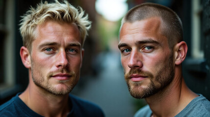 Fototapeta premium Two handsome men with blue eyes pose for a portrait in an outdoor setting.