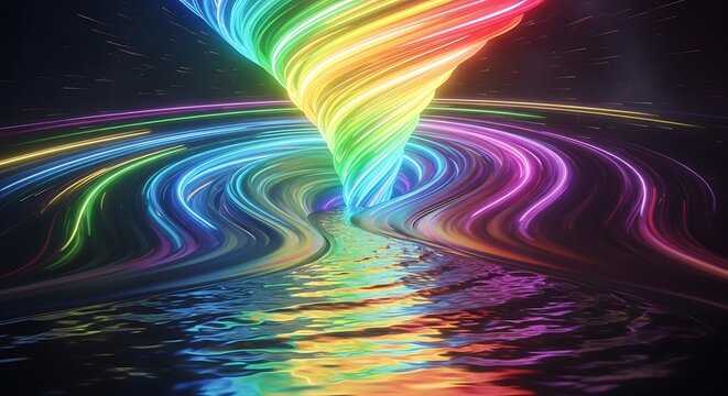 Stunning rainbow vortex of light energy swirling above reflective waters, a dynamic vibrant backdrop for innovative technology or futuristic concepts - Powered by Adobe