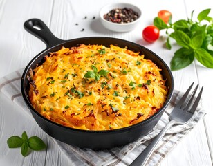 Golden Brown Casserole with Fresh Herbs on a White Wooden Table