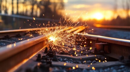 Sunset flares behind rusty railroad tracks, bright sparks flying as metal grinds against steel.