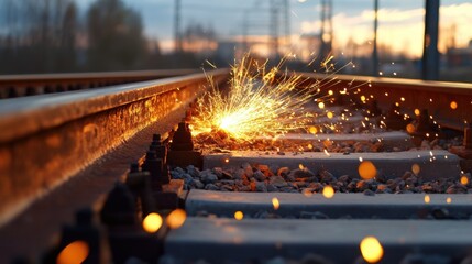 Sunset flares behind rusty railroad tracks, bright sparks flying as metal grinds against steel.