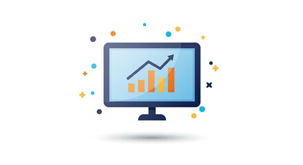 Computer screen displaying a bar graph and an upward trending line graph, surrounded by colorful confetti.