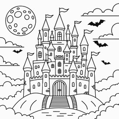 Naklejka premium Enchanted Castle Coloring Page A Magical Halloween Night