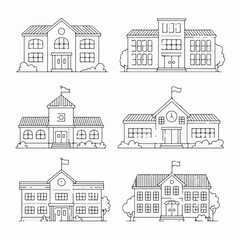 Fototapeta premium Linear art collection of various school and university buildings, representing education, learning, and academic architecture