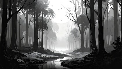 Dark grayscale forest scene
