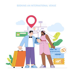 Couple Booking International Venue Vector Illustration