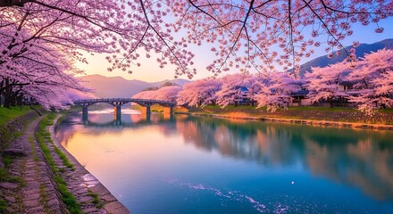 Beautiful Cherry Blossoms Over a River and Bridge.