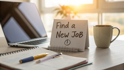 Inspirational Workspace with Laptop and Job Search Note on Table with Coffee and Notepad