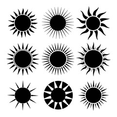 Collection of nine black and white sun icons with varying ray designs