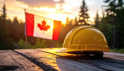 Yellow Hard Hat and Canadian Flag at Sunset