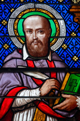 Stained glass (19th century) of Saint Francis de Sales. Doctor of the Catholic Church, founder of the Order of the Visitation.