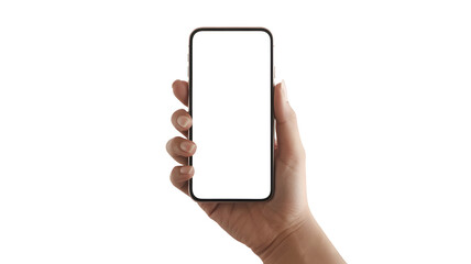 Hand Holding Modern Smartphone with Blank White Screen Isolated on White Background. Mobile Mockup for App, Website, and Technology Concept