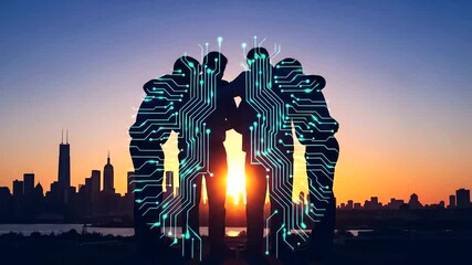 Futuristic Tech Teamwork Silhouette with Circuit Board Overlay and Cityscape Backdrop - Powered by Adobe