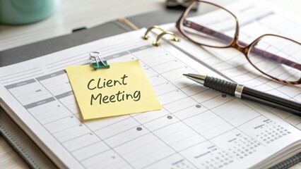Client Meeting Reminder on Calendar with Pen and Glasses in Office Setting for Professional Environment