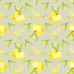 Yellow yuzu fruits with slices and leaves form a repeating seamless pattern, watercolor illustration, hand drawn. Perfect for fabric, stationery, recipe cards, wrapping and food product design.