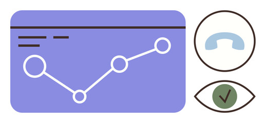 Line chart tracking performance trends, phone receiver signifying communication, and green check inside an eye outline symbolizing review, monitoring, and approval. Ideal for data analytics