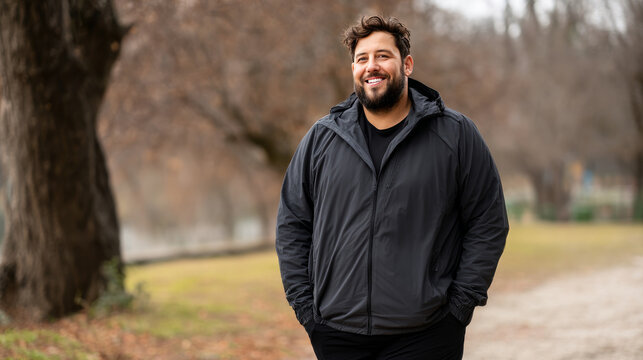Portrait of a man with obesity smiling while on a walk in the park, dressed in sportswear