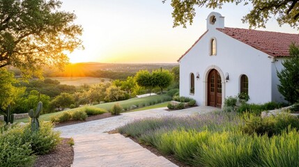 Fototapeta premium Traditional mission-style chapel at golden hour, enveloped by lush landscape