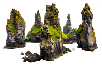 Jagged Icelandic rock formations with green moss isolated on a transparent background
