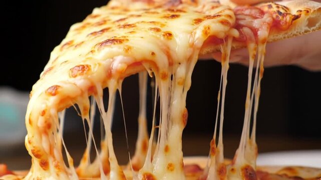 Close-up of a delicious cheesy pizza slice being lifted, with strings of melted mozzarella cheese