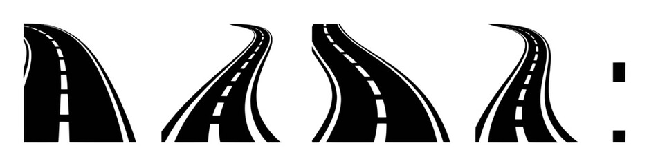 Fototapeta premium Set of stylized road icons with dashed white lines on a white background