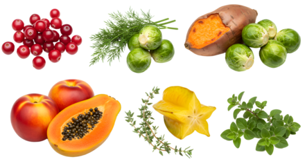 Fresh assortment of tropical and autumn fruits and vegetables including papaya, sweet potato, brussels sprouts, starfruit, thyme, cranberries, and peaches, perfect for healthy cooking