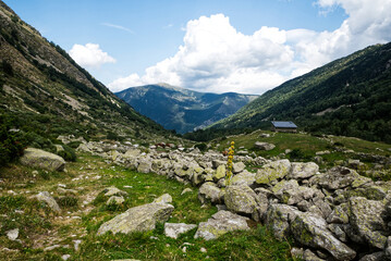 Campcardos valley with Cabane de Campcardos in Pryneees mountains in France near borders with Spain and Andorra