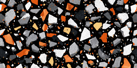 A close-up view of a textured surface composed of various colored stones, showcasing a mix of orange, white, and black fragments, ideal for backgrounds in design projects