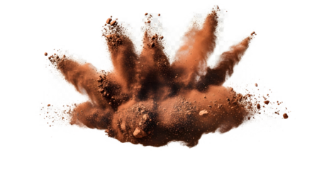A dynamic explosion of fine brown powder, creating a cloud of dust particles suspended in mid-air against a clean, isolated white background